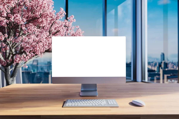 Computer Desktop Blank White Screen Wood Table Skyline Office Interior — Stock Fotó