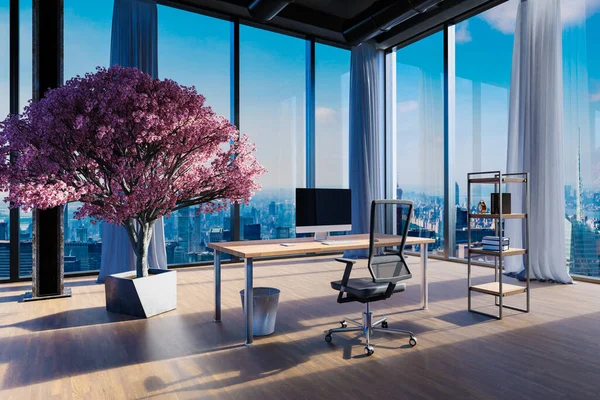 luxurious skyline office workplace wooden desk and modern black desktop pc screen, chair and shelf; design interior with indoor cherry blossom tree panoramic view; 3D rendering