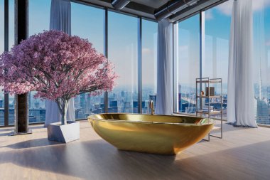 freestanding gold bathtub in large loft apartment; luxury interior indoor cherryblossom tree and panoramic skyline view; 3D rendering