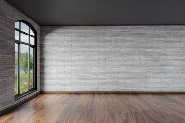 modern light-flooded empty room, white gray brick wall wooden parquet floor; large window with idyllic lakeside view; 3D illustration