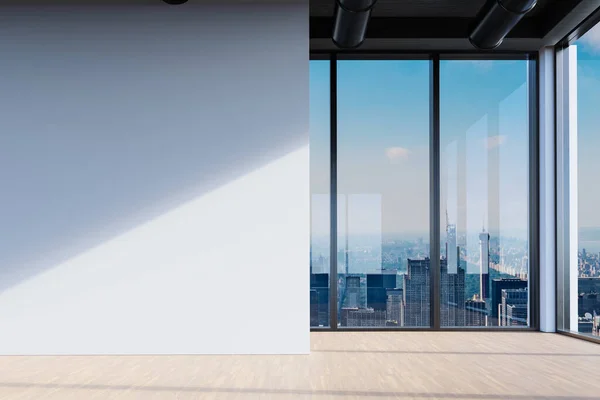 large office blank white wall and copy space in front of panoramic window skyline view, 3D Illustration