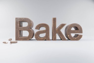 closeup of 3d lettering bake made of brown whole milk chocolate on clean surface with chocolate crumbs; advertisement concept; 3D Illustration