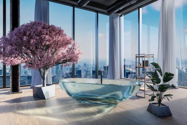 freestanding glass bathtub in large loft apartment; luxury interior indoor cherryblossom tree and panoramic skyline view; 3D rendering