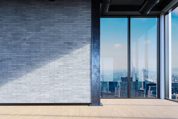 Large Office Blank White Wall Copy Space Front Panoramic Window — 图库照片