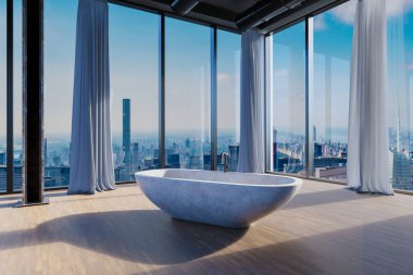 freestanding granite bathtub in large empty loft apartment; luxury interior panoramic skyline view; 3D rendering