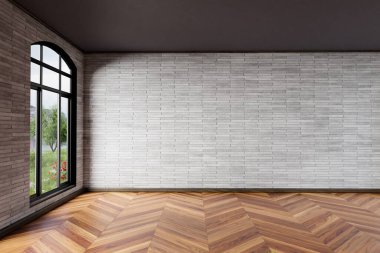 modern light-flooded empty room, white brick wall wooden herringbone parquet floor; large window with idyllic lakeside view; 3D illustration