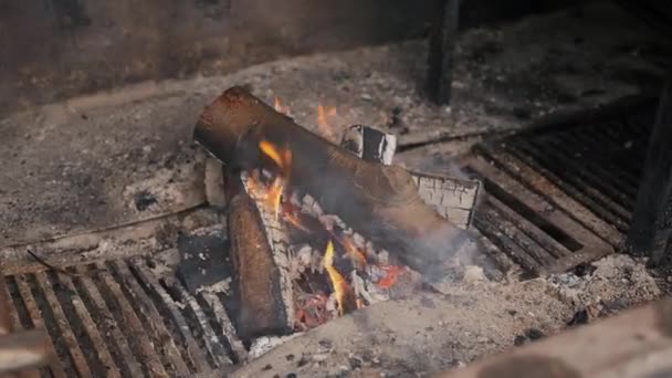 Na jabloni hoří oheň. Uzená šunka doma — Stock video