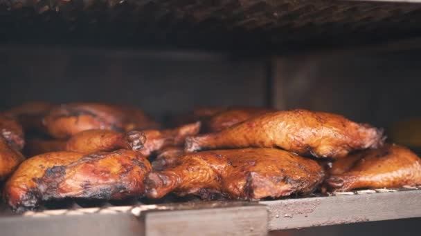 Nahaufnahme eines Hühnerschenkels, der auf einem Ausstiegsgestell im Ofen liegt — Stockvideo