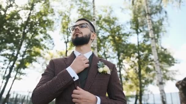 Brutal homem caucasiano com uma barba em óculos e um terno marrom elegante caminha no parque ajustando sua gravata e considerando um plano de negócios — Vídeo de Stock