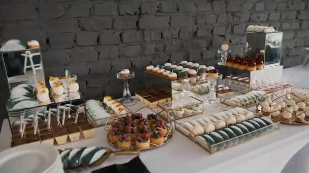 Candy Bar Buffet Delicacies Wedding Confectionery Macaroons — Stock Video