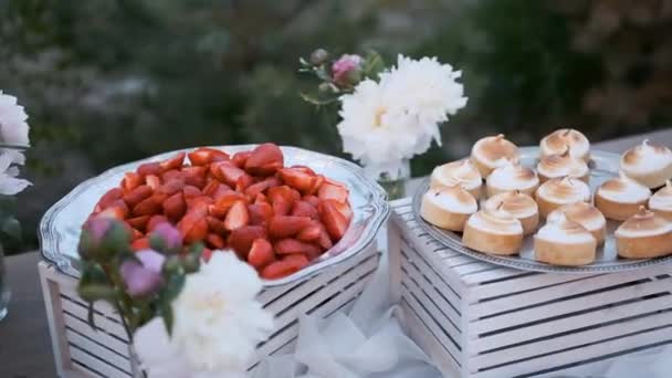 用蛋糕和草莓装饰精美的糖果棒 — 图库视频影像