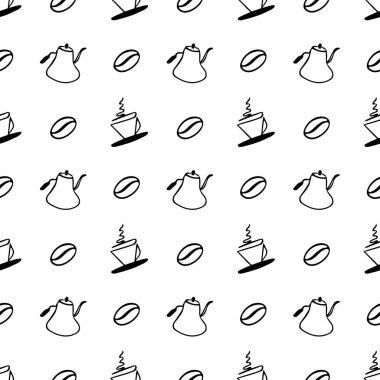 Kahve çekirdekleri, çaydanlık ve fincanla kusursuz çizgiler. İş, duvar kağıdı tasarımı, şablon, bayrak, tekstil, kumaş ve ambalaj için siyah ve beyaz vektör çizimi