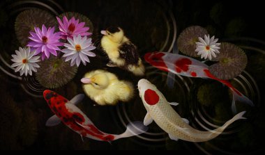 Koi balığı ve nilüfer çiçeği ve yaprakları.