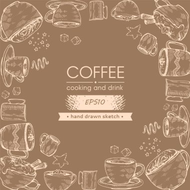 Elle çizilmiş eskiz kahve pişirme ve içecekler, vektör illüstrasyonu.