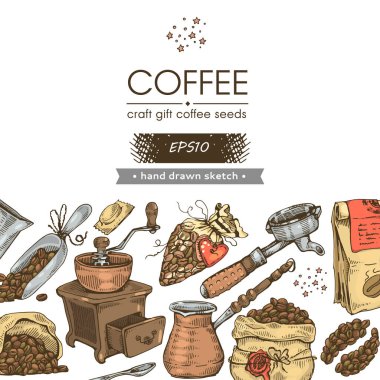 Kahve aletleri ve ekipmanlar. Kahve çekirdekleri, el işi, hediye. El çizimi resim. Vektör illüstrasyonu.