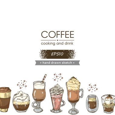 Yemek pişirme, beyaz arka planda sıcak ve soğuk kahve içecekleri. El çizimi çizimi, vektör illüstrasyonu.