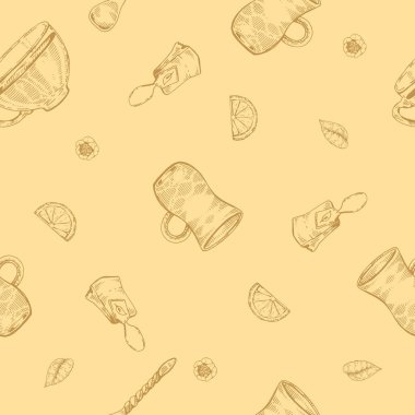 Ayrıntılı elle çizilmiş, kusursuz desenli çay yaprakları ve tabaklar..