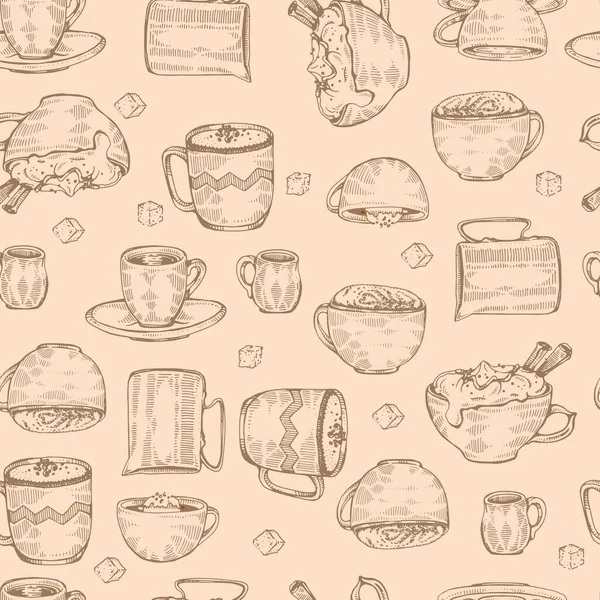Esquisse Détaillée Tasses Café Desserts Dessinés Main Sur Fond Beige — Image vectorielle