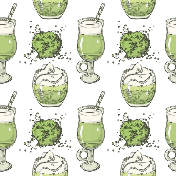 Motif Sans Couture Dessiné Main Cocktails Matcha Desserts Illustration Vectorielle — Image vectorielle