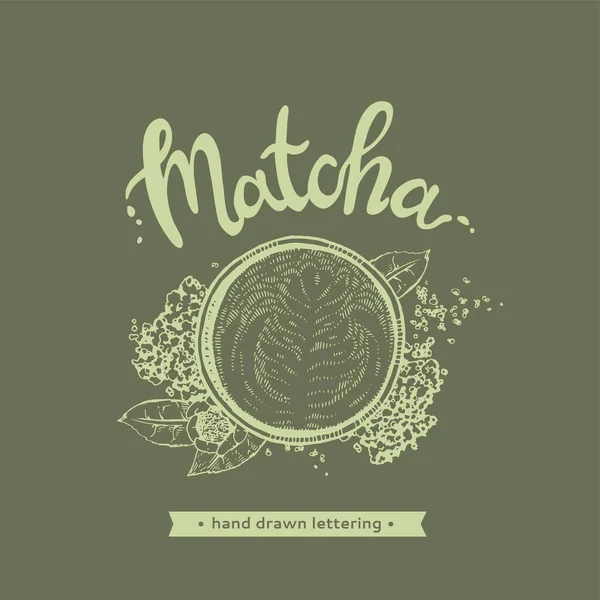 Matcha Caffè Con Scritte Disegnate Mano Con Immagine Illustrazione Vettoriale — Vettoriale Stock