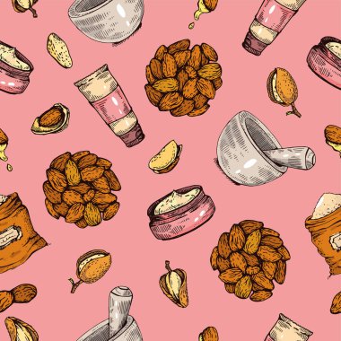 Badem fıstıkları, kozmetik ürünleri ve harçla dolu kusursuz bir desen. Ayrıntılı el çizimi, vektör botanik ve nesne çizimi.