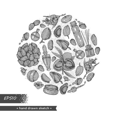 Çember badem fıstıkları, parfümler, gerekli yağlar, çiçekler ve kozmetiklerle dolu. Tek renkli vektör botanik illüstrasyon, elle çizilmiş kuluçka skeci.