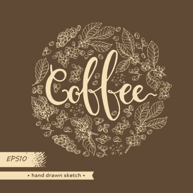 Çember kahve ağacı dalları ve içinde kahve harfleriyle dolu. Doğrusal el çizimi çizimi, tek renkli vektör botanik çizim.