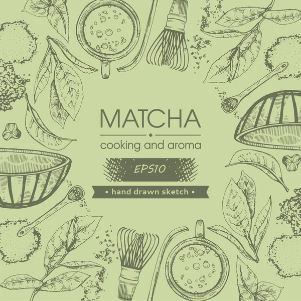 Dibujo Detallado Dibujado Mano Matcha Cocina Aroma Ilustración Vectorial — Archivo Imágenes Vectoriales