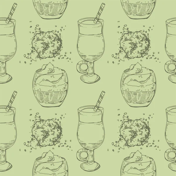 Handritade Sömlösa Mönster Matcha Cocktails Och Desserter Vektor Illustration — Stock vektor