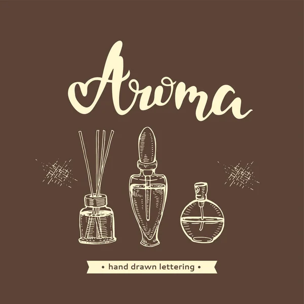 Aromaterapi Tillbehör Och Bokstäver Aroma Detaljerade Handritade Skisser Vektor Botanisk — Stock vektor