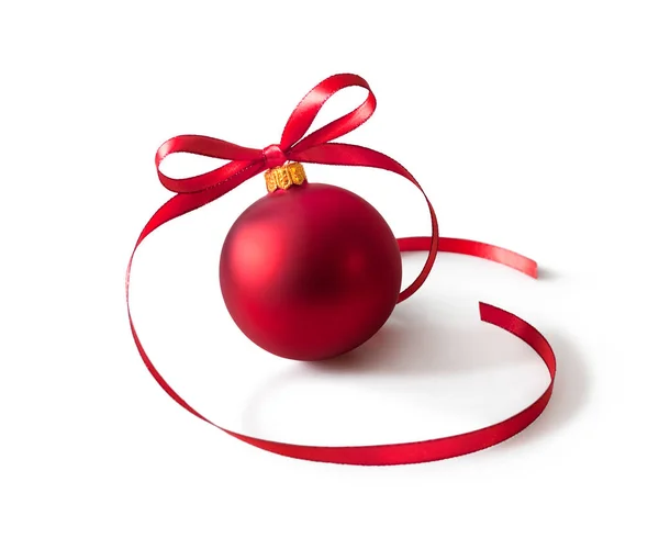 Red Bauble Christmas Ball Ribbon Decoration Isolated White Background Clipping — Stock Photo, Image