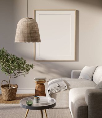 Living room interior with big mock up picture on the wall. 3D render. 3D image.