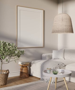 Living room interior with big mock up picture on the wall. 3D render. 3D image.