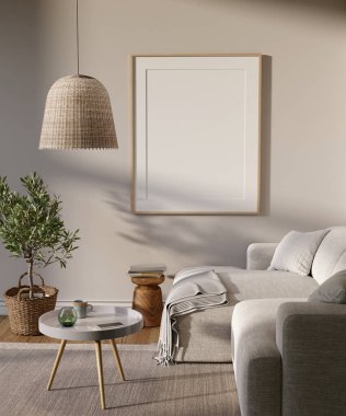 Living room interior with big mock up picture on the wall. 3D render. 3D image.