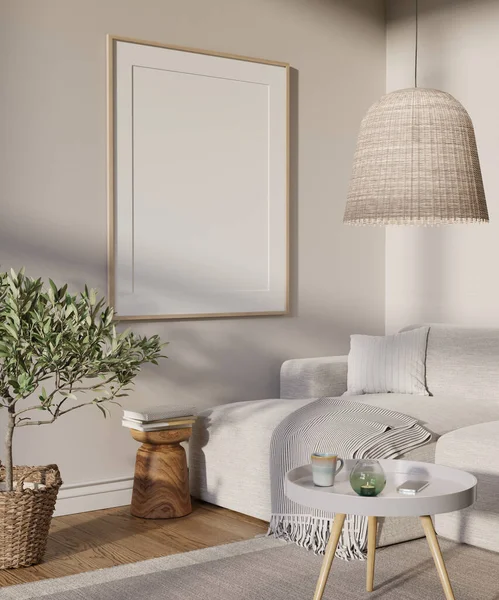 Living room interior with big mock up picture on the wall. 3D render. 3D image.