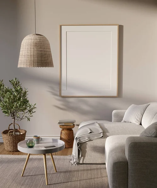 Living room interior with big mock up picture on the wall. 3D render. 3D image.