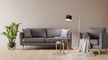 Living room interior with gray velvet sofa, armchair, floor lamp and plant on warm, sepia wall. 3D render. 3D illustration.