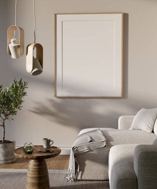 Living room interior with big mock up picture on the wall. Sofa, round coffee table and olive tree, warm, beige colors. 3D render. 3D image.