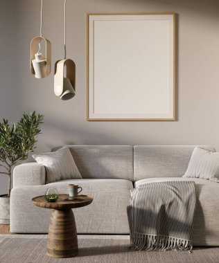 Oturma odasının içinde duvarda büyük bir resim var. Kanepe, yuvarlak kahve masası ve zeytin ağacı, sıcak, pastel renkler. 3 boyutlu görüntüleme. 3B resim.