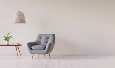 Retro koltuk, ahşap masa ve lamba. Parlak minimalist iç döşeme ve büyük taklit duvar. 3 boyutlu görüntüleme. 3B illüstrasyon.