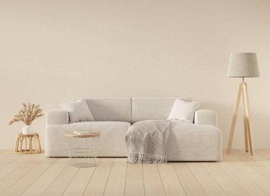 Oturma odasının içinde kanepe, lamba, bitki ve masa var. Büyük boş duvar arkası maketi. 3 boyutlu görüntüleme. 3B illüstrasyon.