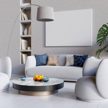 Yuvarlak mobilyaları ve büyük tuvalleri olan modern oturma odası duvarda. 3 boyutlu görüntüleme. 3B illüstrasyon.