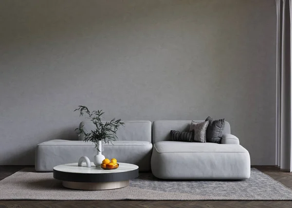 Minimalist gray interior with sofa and coffee table on the carpet. Big empty wall mock up. 3D render. 3D illustration.