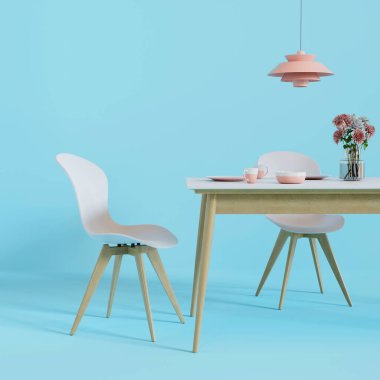 Sandalyeli yemek masası, bir demet çiçek ve mavi arka planda yemek takımı. 3 boyutlu görüntüleme. 3B illüstrasyon.