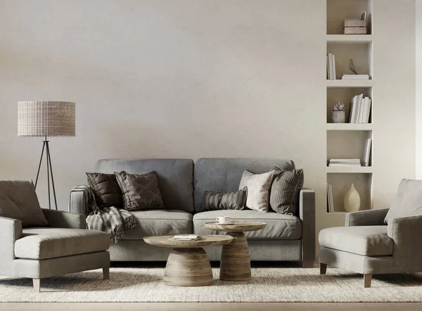 Wohnzimmereinrichtung Mit Bequemen Möbeln Couchtischen Und Stehlampe Leere Wand Attrappen — Stockfoto