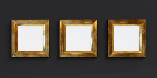 Три Золотых Прямоугольных Рамки Изолированы Черном Фоне Визуализация Иллюстрация — стоковое фото