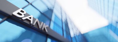 Modern banka tabelasının geniş açılı çizimi, cam ofis binası. Yüzeyin derinliği. 3 boyutlu görüntüleme. 3B illüstrasyon.