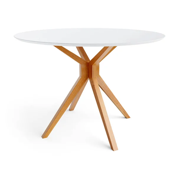 白いカウンター付きの丸い木製のテーブル 白い背景に隔離されたダイニングテーブル クリッピングパスが含まれています 3Dレンダリング 3Dイラスト — ストック写真