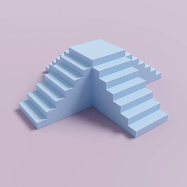 Pembe arka planda mavi merdivenler. Asgari düzeyde bir podyum. 3 boyutlu görüntüleme. 3B illüstrasyon.