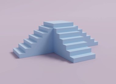 Pembe arka planda mavi merdivenler. Asgari düzeyde bir podyum. 3 boyutlu görüntüleme. 3B illüstrasyon.